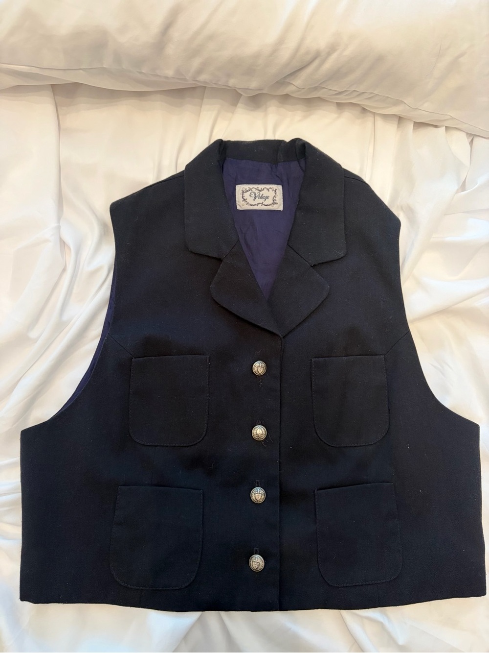 Vintage Black Vest w/ Brass Crest Buttons, Adjustable Back Buckle